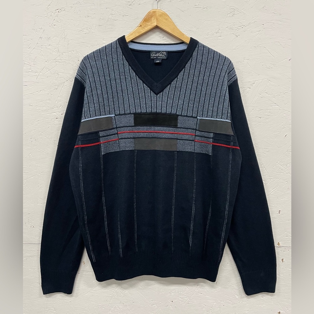 Vintage Arnold Palmer V-Neck Knit Sweater, Size M, Navy, Leather Strips